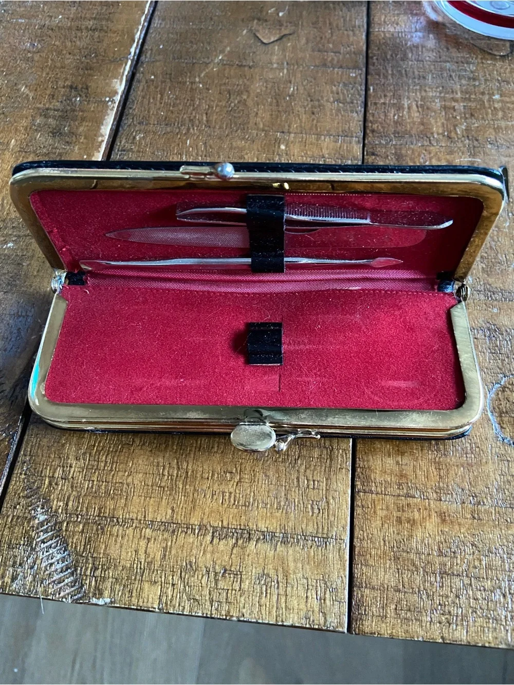 Vintage Gold-Trimmed Red Interior Sewing/Manicure Set Travel